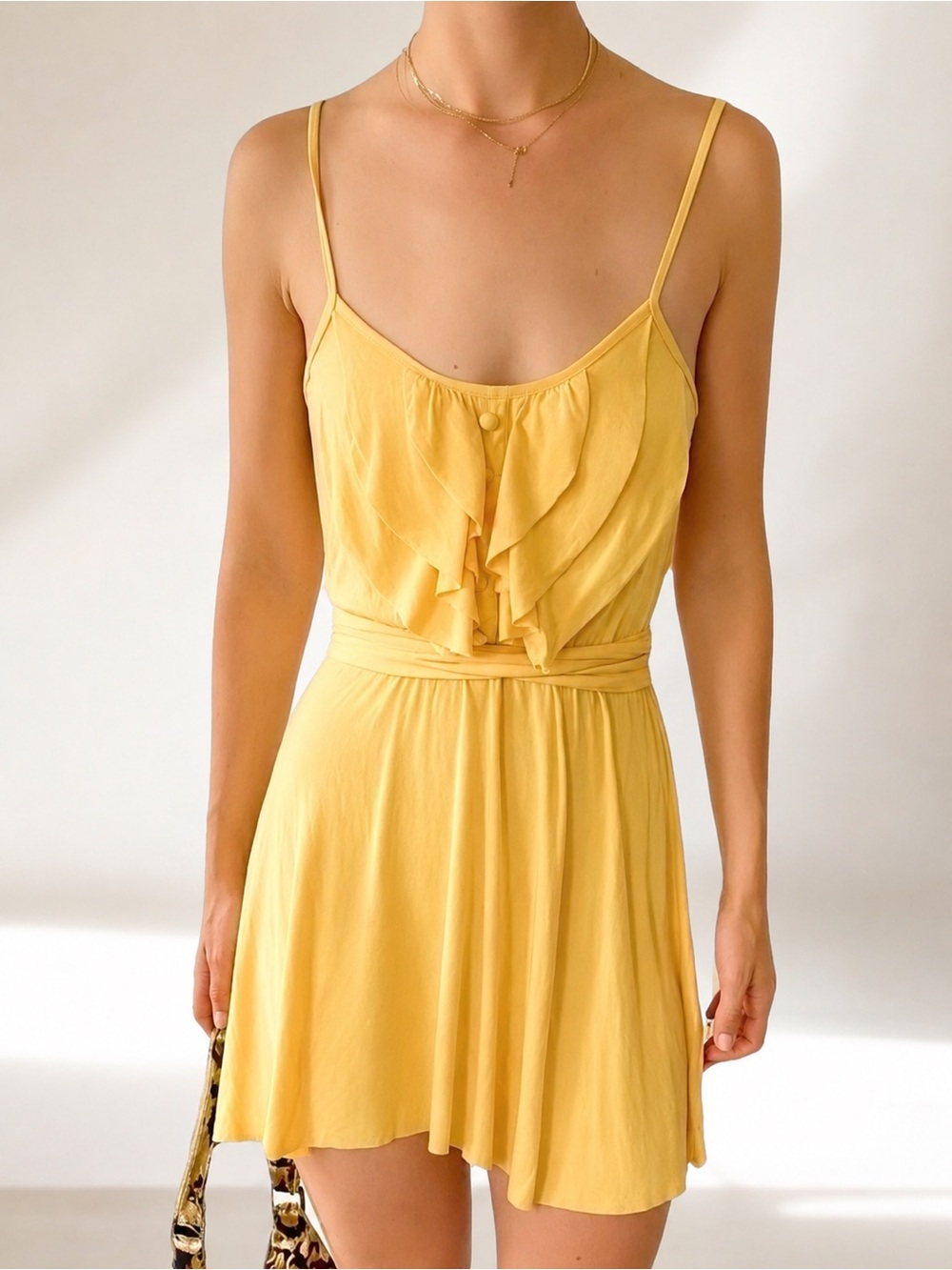 VTG Y2K Rachel Pally Sleeveless Yellow Jersey Ruffle Mini Dress w Sash & Buttons
